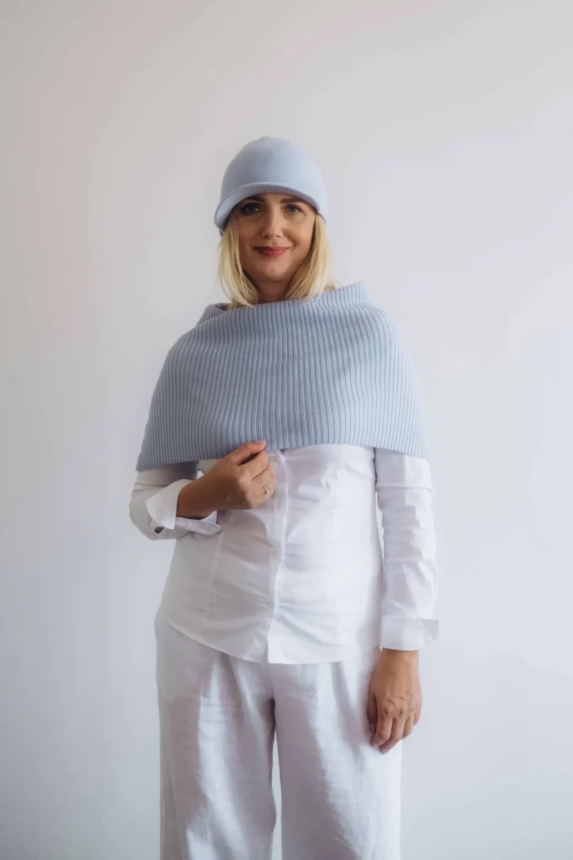 Dámske oblečenie dvojset INGEBORG bledomodrý – čiapka a nákrčník TATTJA.