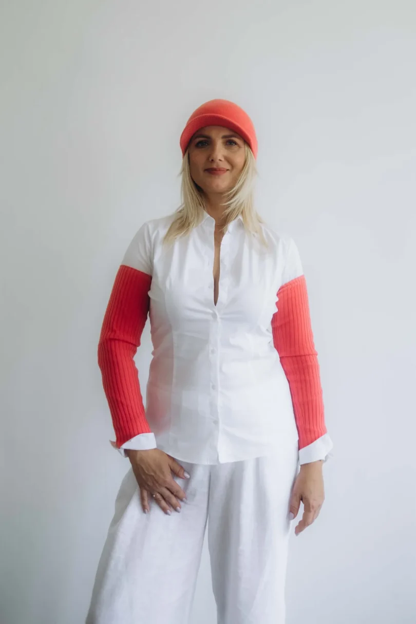 Dámske oblečenie dvojset RAGBBORG červeno-oranžový lososový – čiapka a rukávniky TATTJA.