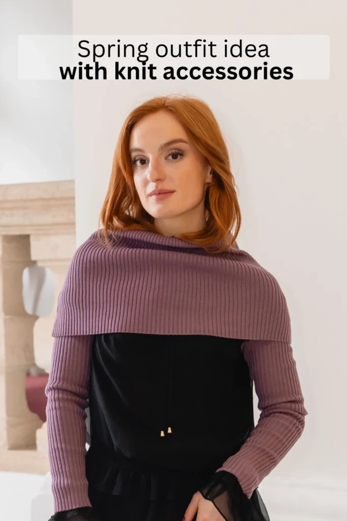 Spring outfit idea with purple knit accessories styled over a black dress