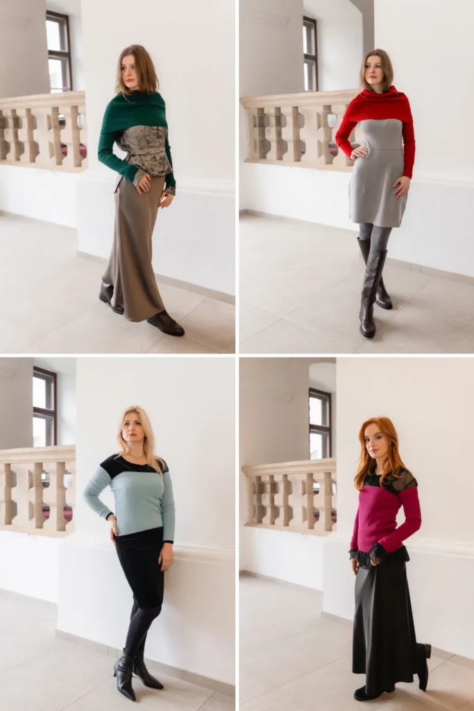 Different outfits styled with knit accessories in various colors showing multiple styling options