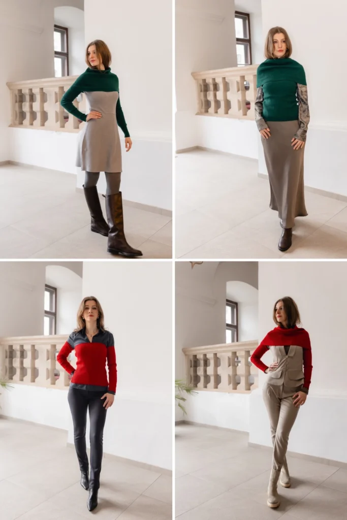 Outfit styling ideas with knit accessories – neutral outfits transformed with green and red layered knit sets