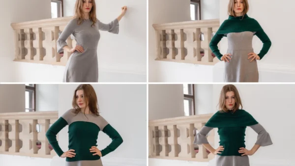 Neutral grey dress styled with green knit waist warmer, arm warmers and neck warmerr, creating a fitted, structured and versatile layered outfit.