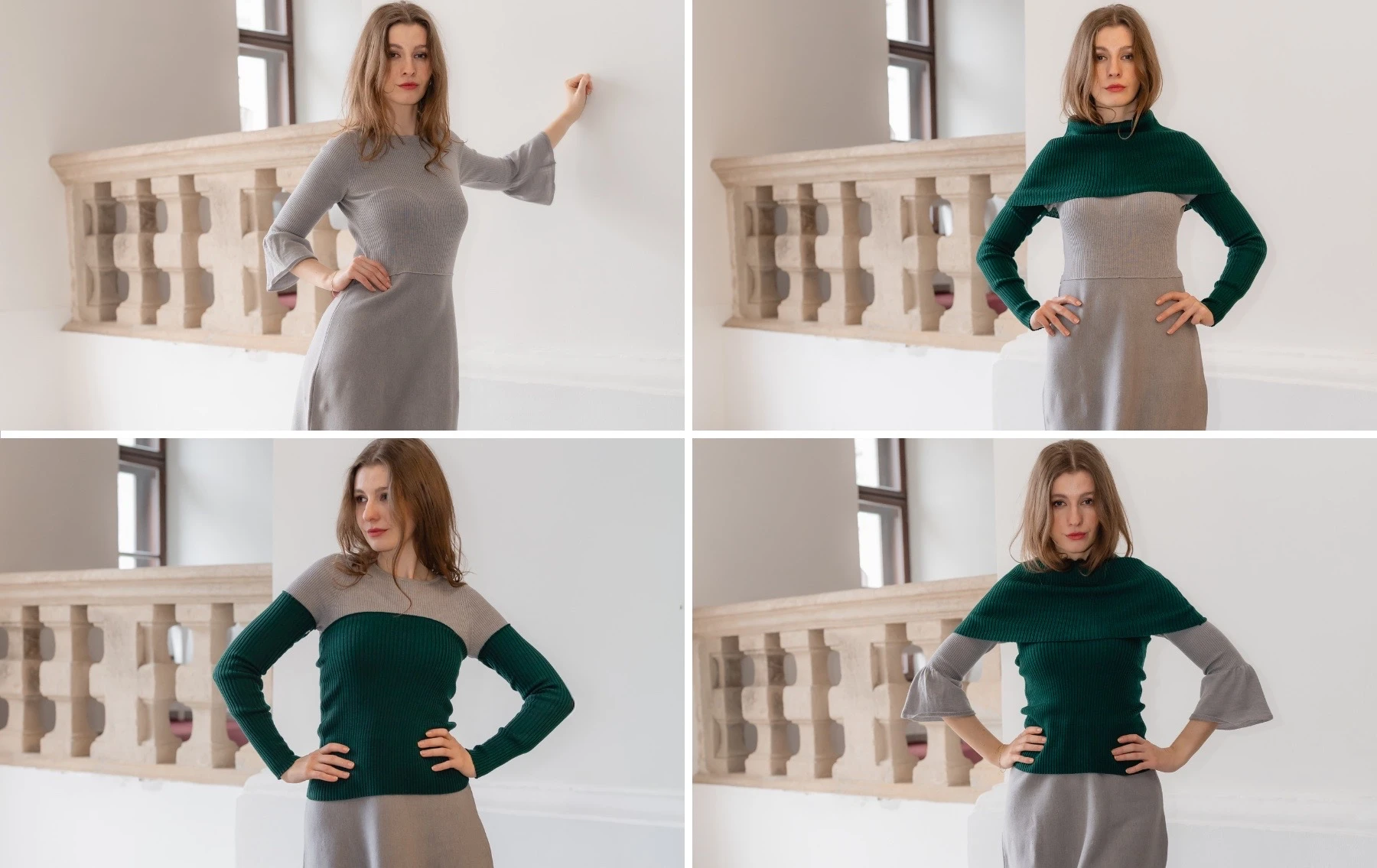 Neutral grey dress styled with green knit waist warmer, arm warmers and neck warmerr, creating a fitted, structured and versatile layered outfit.