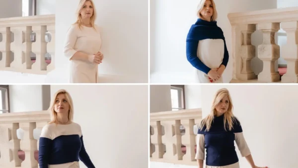 Neutral outfit styled in 4 ways with navy knit accessories (neck warmer, arm warmers and waist warmer)